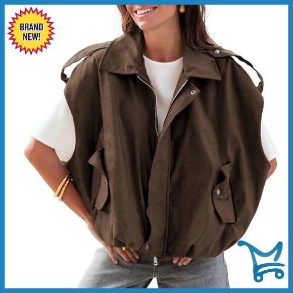 Jackets & Blazers - Faux Suede Cropped Bomber Vest, Oversized Fit, Lapel Collar, Zip Closure